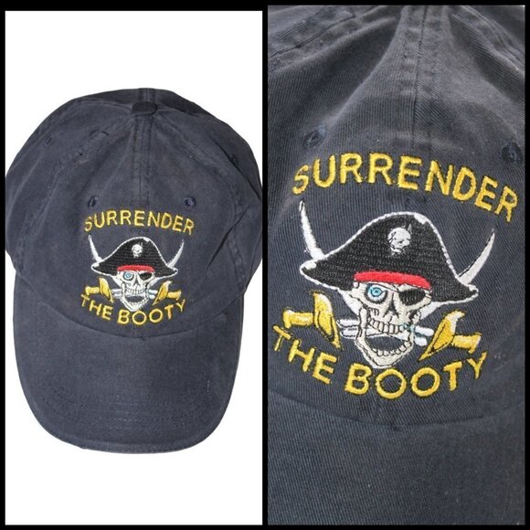 Vintage Surrender The Booty Pirate black cap Skull Lanza USA 100% cotton - Picture 1 of 9